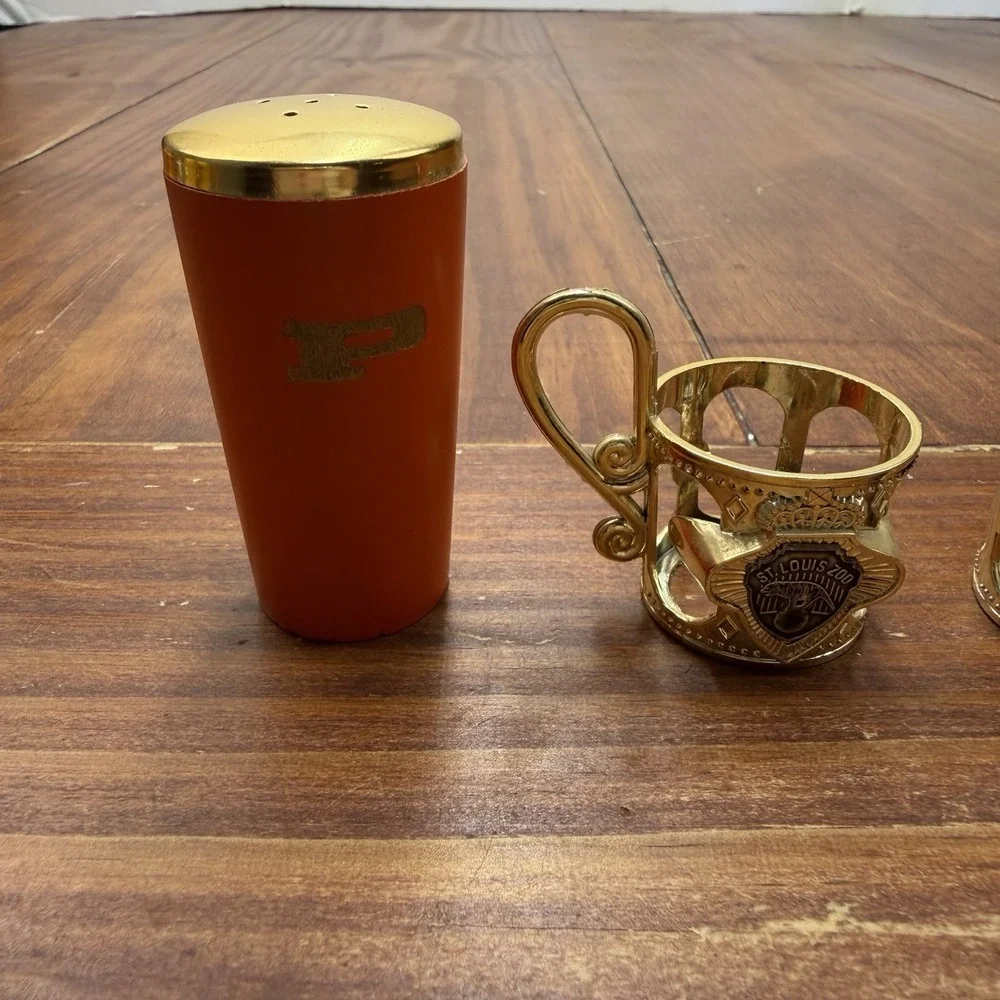 Vintage MCM St Louis Zoo Salt and Pepper Shakers Japan Wood Gold Holder Kitsch